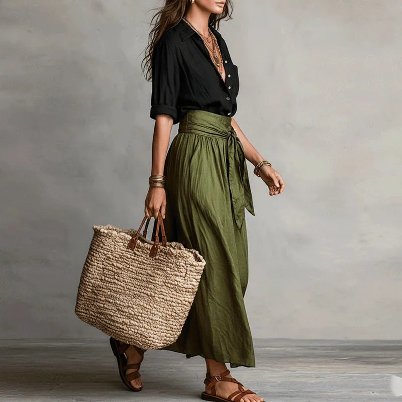 Full-length view of Linen Co-Ord Set styled with sandals and layered necklaces for casual wear