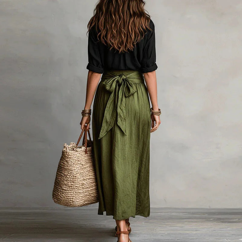 Back view of Linen Co-Ord Set showing shirt drape and flowing skirt movement