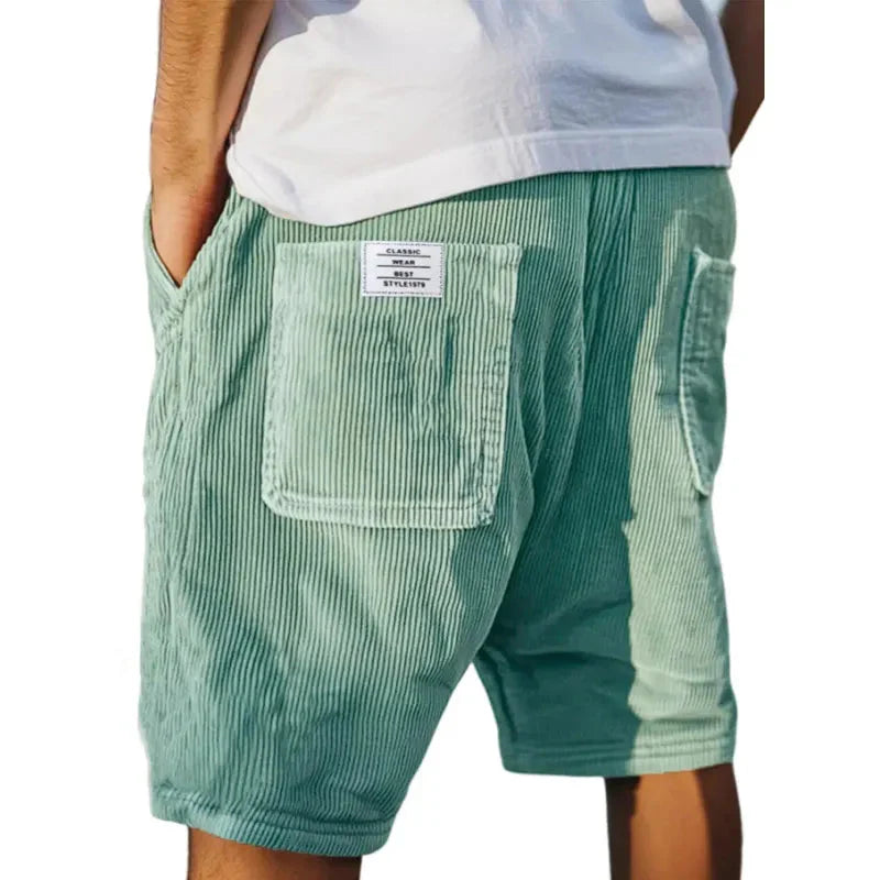 Close-up of cargo shorts waistband with drawstring and functional side hand pockets