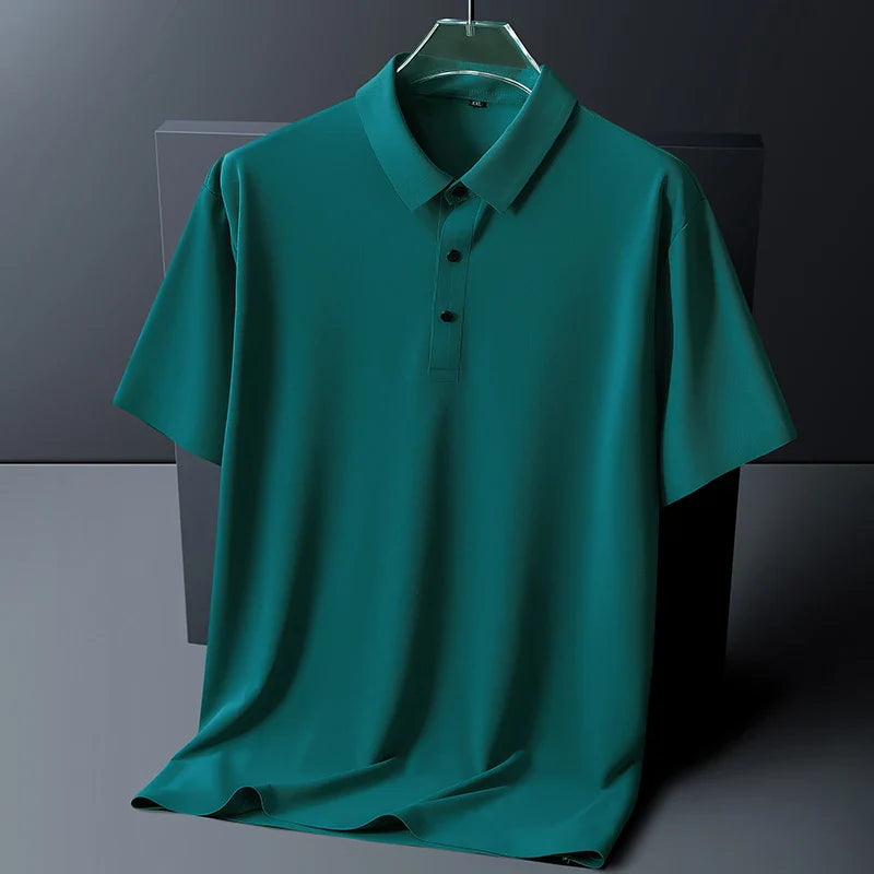 Close-up view of men's polo shirt showing smooth fabric texture and relaxed fit