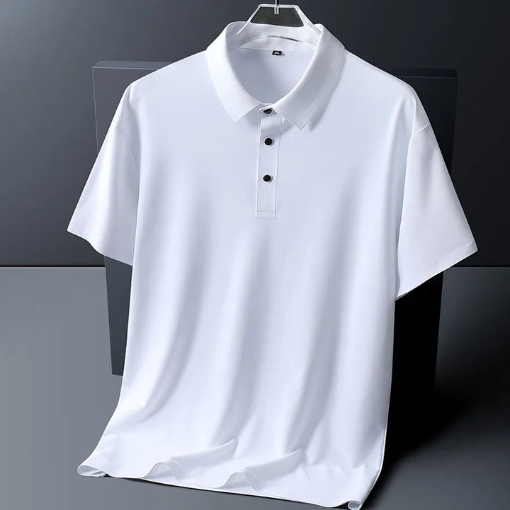 Men's pink polo shirt displaying collar detail and three-button placket construction