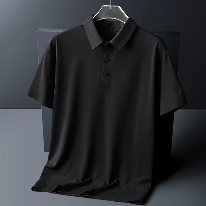 Full view of men's moisture-wicking polo shirt in pink for casual wear
