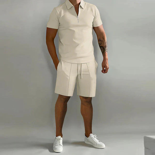 Men's Summer Two-Piece Set Zippered Polo Shorts in cream featuring collared polo and matching drawstring shorts