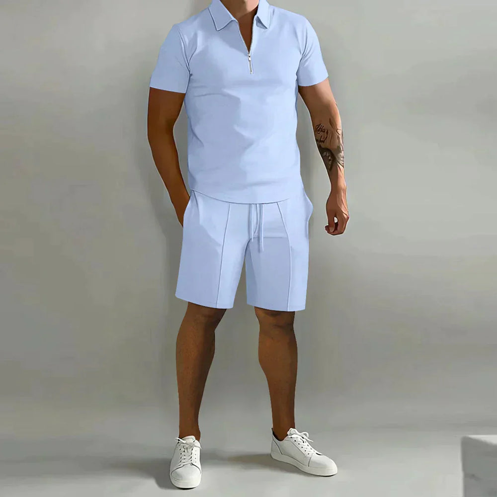 Front view of men's zippered polo shirt with short sleeves and relaxed fit silhouette