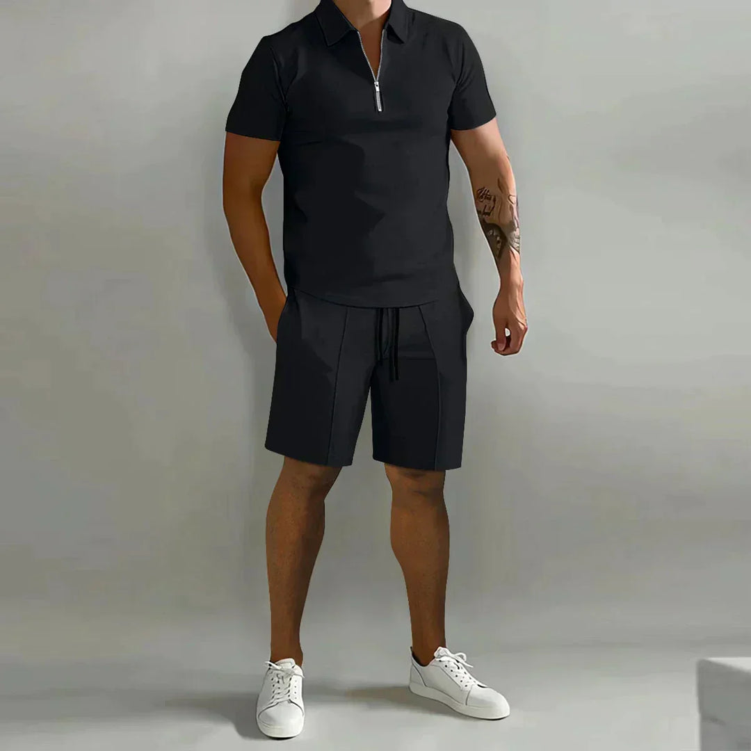 Detail of structured fabric finish on men's zippered polo and shorts set