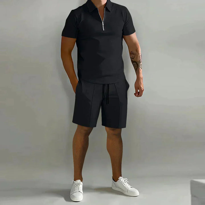 Detail of structured fabric finish on men's zippered polo and shorts set