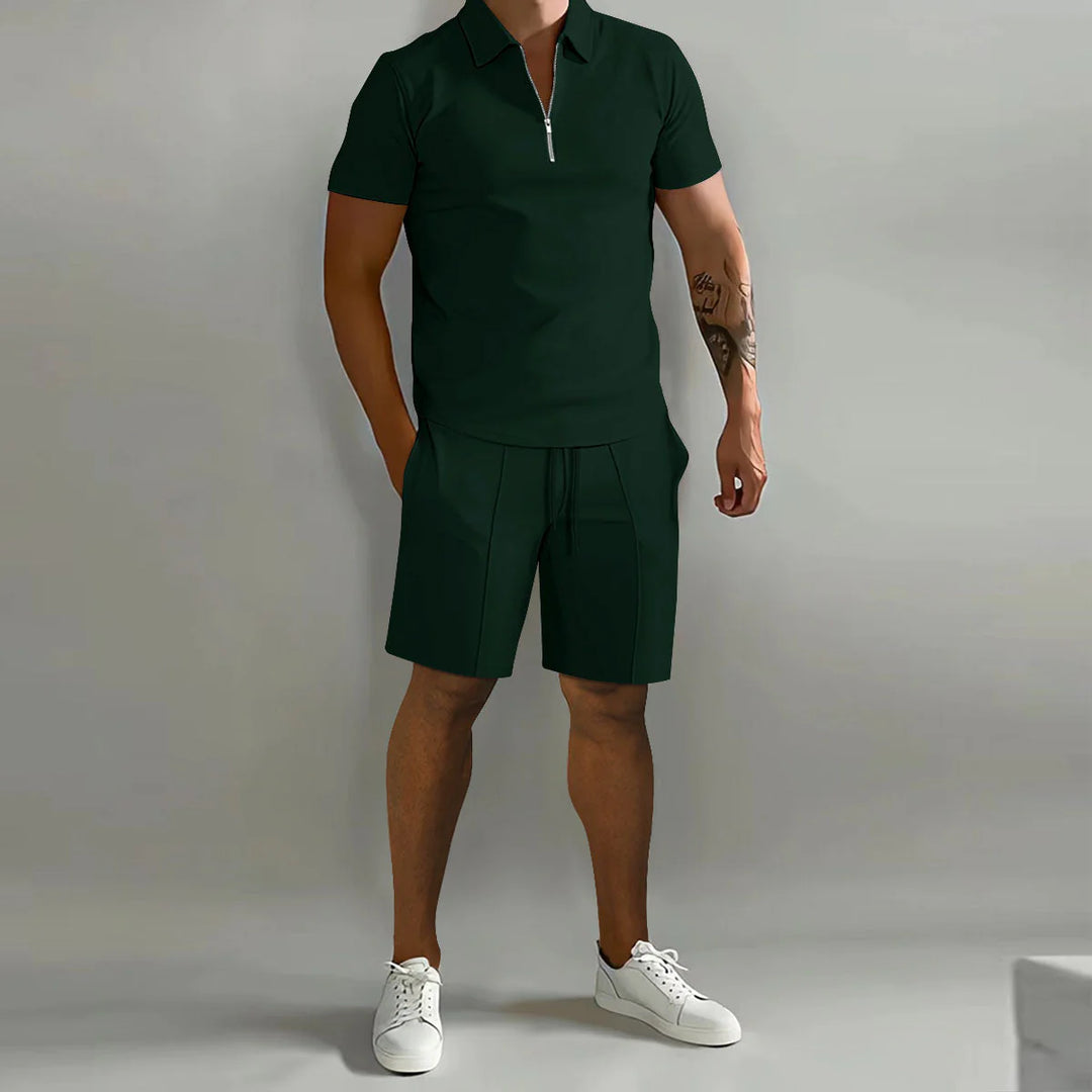 Full-length view of men's casual two-piece set styled with white sneakers