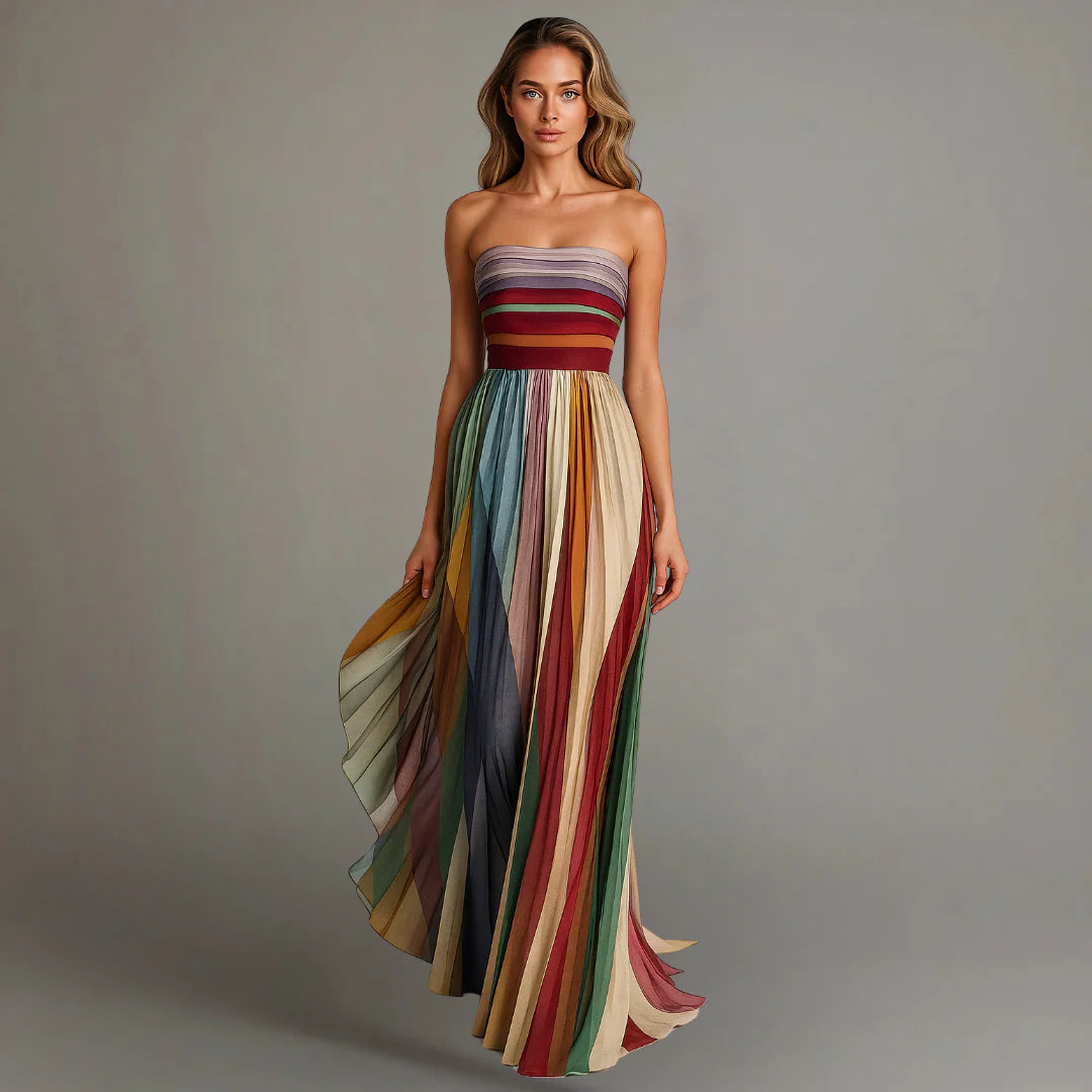 Strapless striped maxi dress with pleated skirt in multi-tonal palette for formal events and weddings