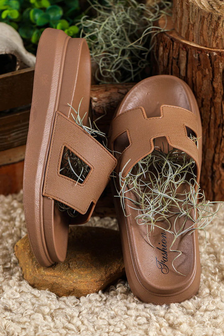 Detail shot of platform sole construction with cushioned footbed and smooth finish throughout