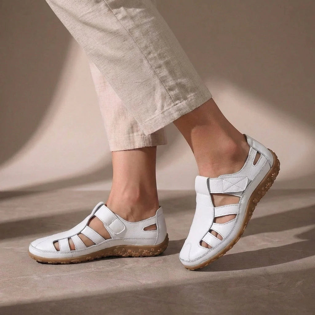 Genesis Women's Orthopedic Adjustable Strap Closed Toe Sandals in white with hook-and-loop closure and flexible sole