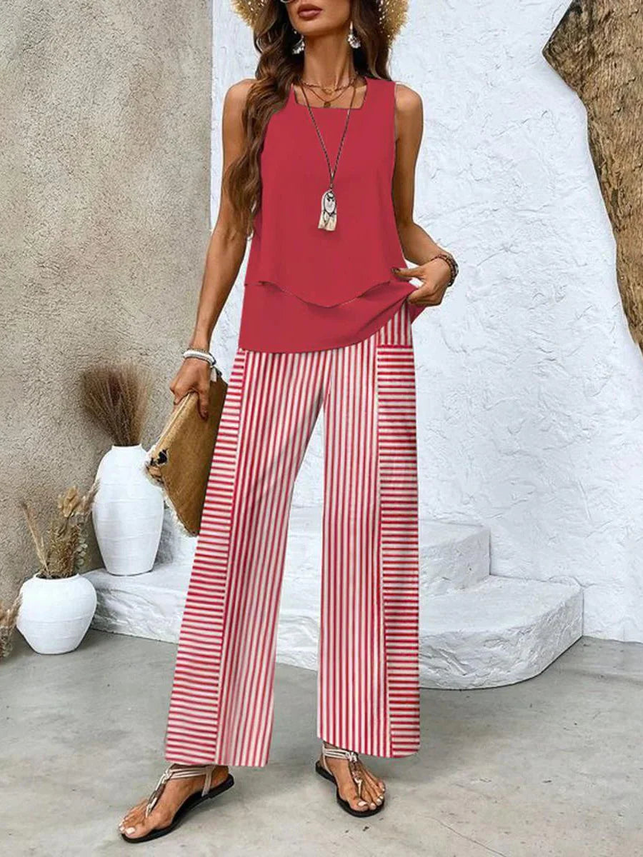 Full length view of women's summer two piece set with flowing wide-leg silhouette