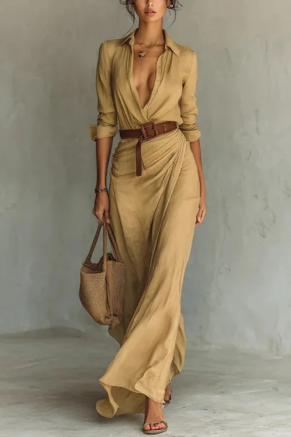 Woman wearing beige Wrap Maxi Dress with deep V-neckline and adjustable waist tie