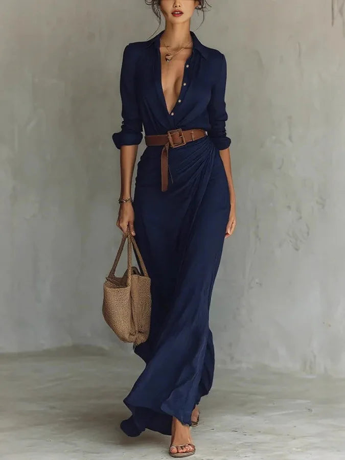 Close-up detail of Wrap Maxi Dress waist tie and draped fabric construction