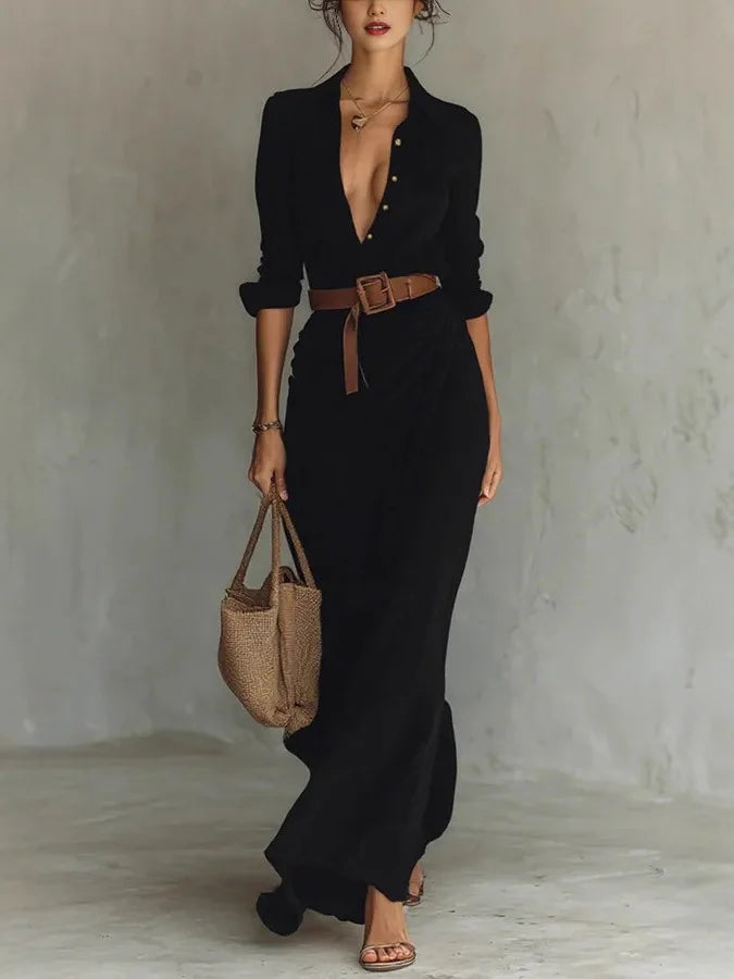 Full-length view of Wrap Maxi Dress styled with sandals and woven handbag
