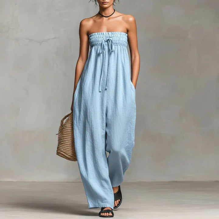 Light blue off shoulder jumpsuit with strapless ruched neckline and wide leg pants for women