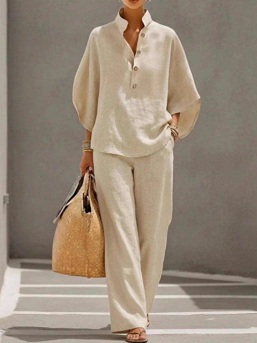 Women's linen shirt and wide leg pants two-piece set in cream with batwing sleeves