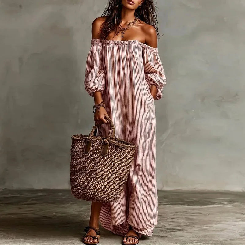 Striped off shoulder dress with puff sleeves and relaxed silhouette for casual wear