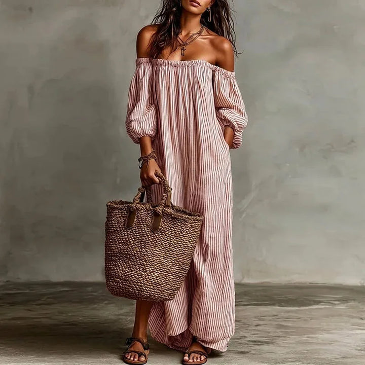 Striped off shoulder dress with puff sleeves and relaxed silhouette for casual wear