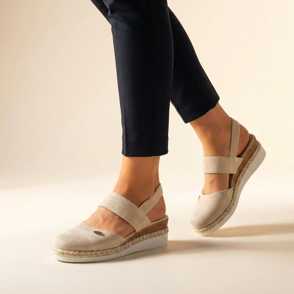 Women's Comfort Fit Orthopedic Espadrille Platform Sandals Regular price in beige with jute-wrapped platform sole and elastic vamp strap