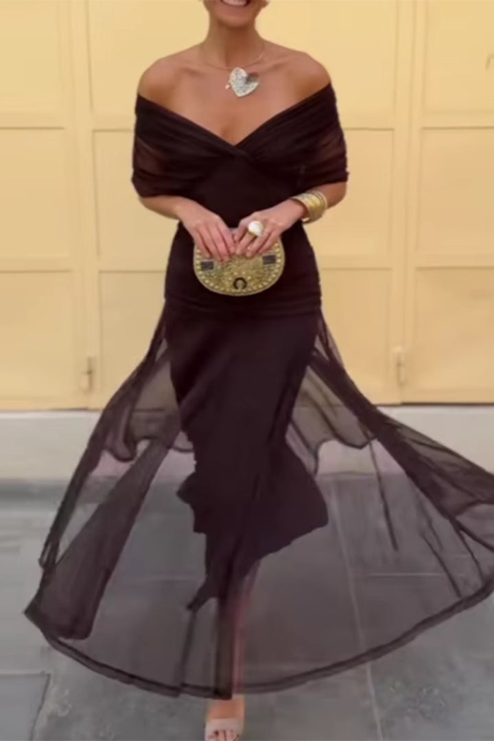 Full styling of maxi ceremony dress with accessories for formal evening wear