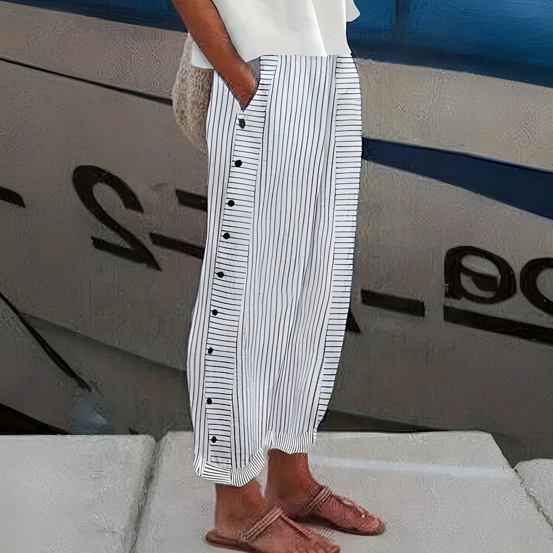 Side view of women's straight leg cropped pants with striped panel and cuffed hem finish