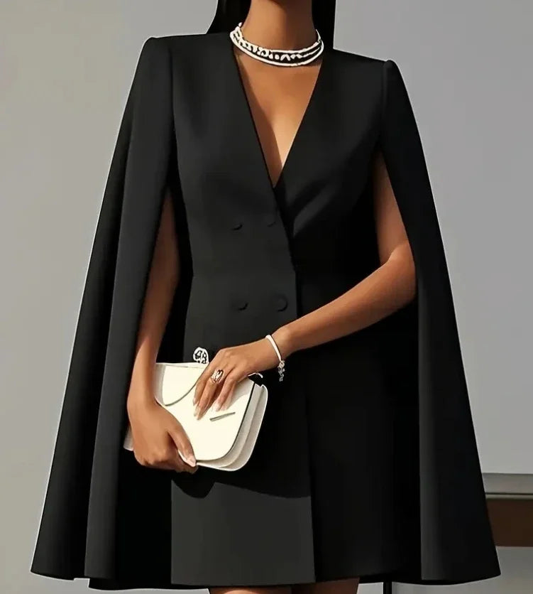 Full-length view of structured mini blazer dress with cape sleeves styled for formal occasions