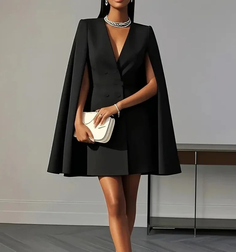Woman modeling white V-Neck Blazer Dress showing fit and drape of cape sleeves with clutch accessory