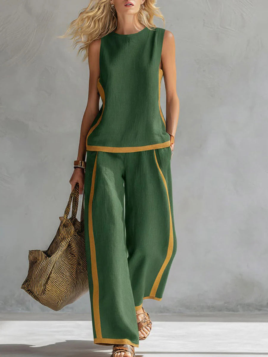Full-length view of two-piece wide-leg pants set with patch pockets and high-waisted fit