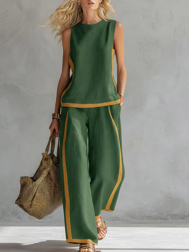 Full-length view of two-piece wide-leg pants set with patch pockets and high-waisted fit