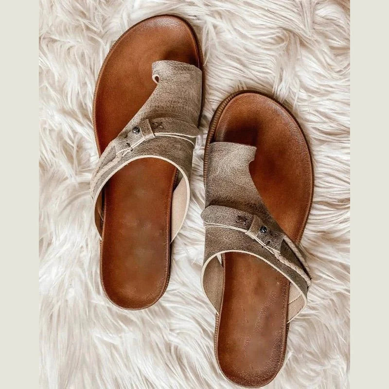 Women's orthopedic comfort sandals with adjustable buckle straps and contoured footbed in neutral tone