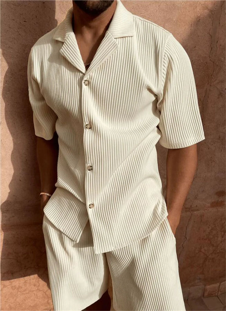 Man wearing beige Relaxed Shirt and Shorts Set Men's Casual with ribbed texture and button-down shirt