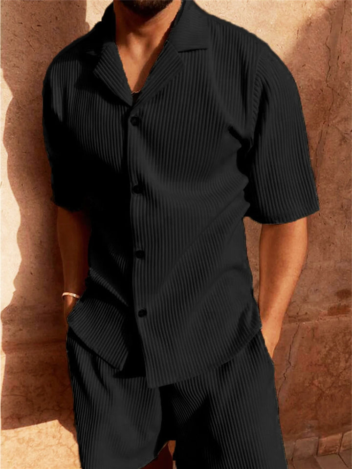 Close-up view of ribbed fabric texture on men's casual shirt and shorts matching set