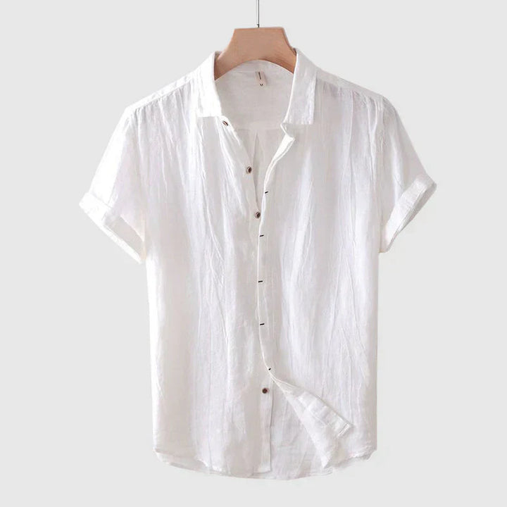 Hunter Men's Breathable Linen Button-Down Shirt Smart Casual in white with structured collar and short sleeves on hanger