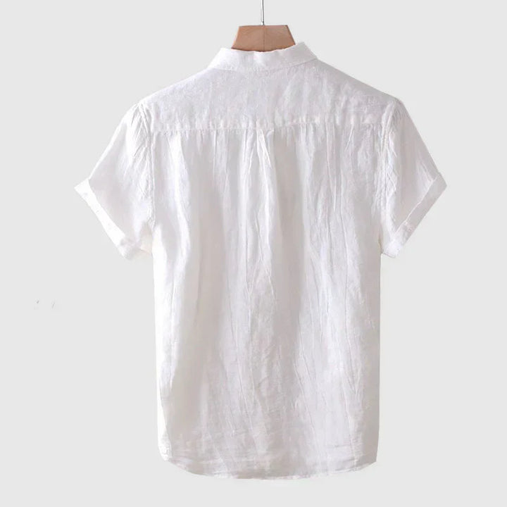 Close-up view of Men's Breathable Linen Button-Down Shirt Smart Casual showing button-front closure and airy woven fabric texture