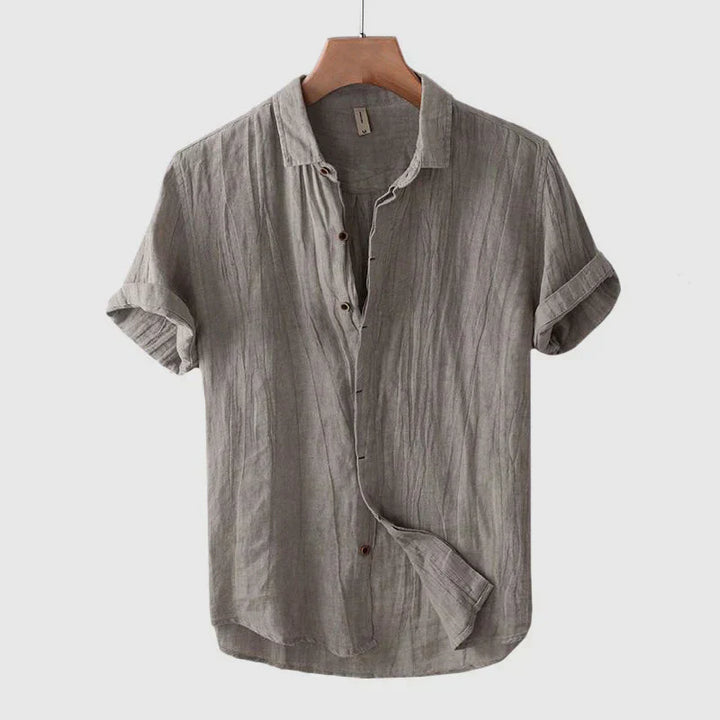 Detail shot of Men's Breathable Linen Button-Down Shirt Smart Casual collar and button placket construction