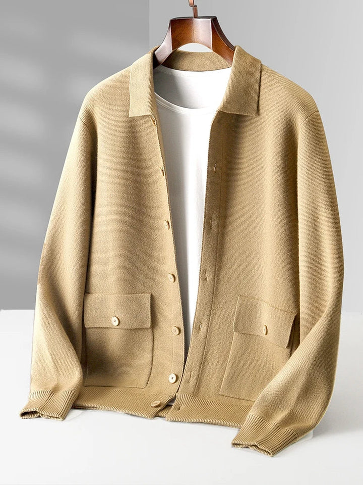 Close-up view of men's polo cardigan showing structured knit fabric and button-front closure detail