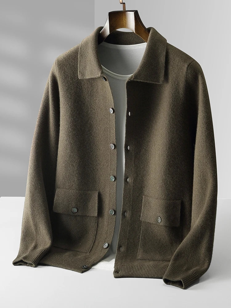 Side angle of relaxed fit polo cardigan with classic collar and ribbed hem construction