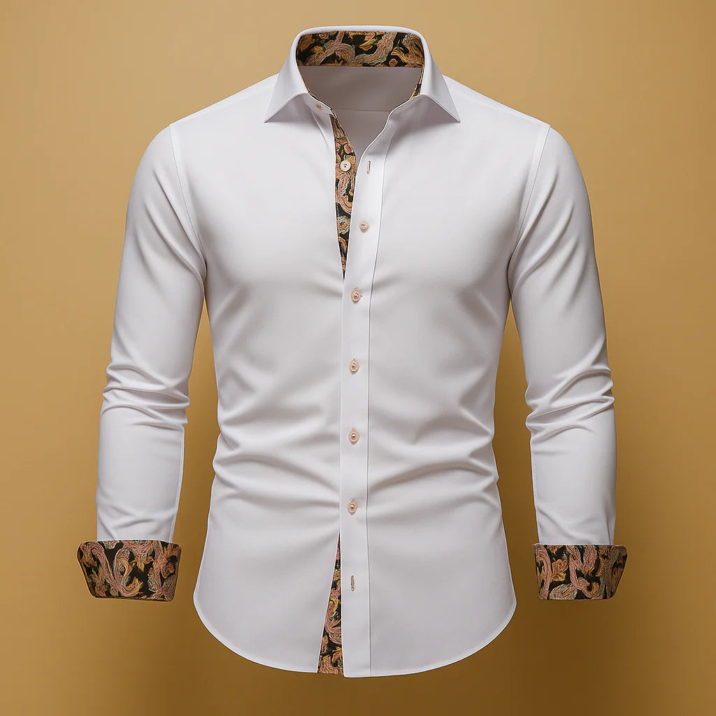 Men's button-up shirt with contrast cuffs featuring paisley pattern trim and fitted tailored silhouette