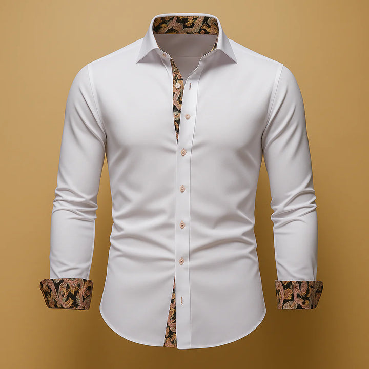 Men's button-up shirt with contrast cuffs featuring paisley pattern trim and fitted tailored silhouette