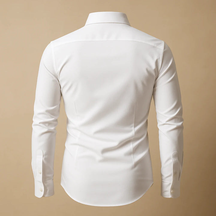Side angle of men's long-sleeve button-up shirt with smooth finish fabric and tailored fit