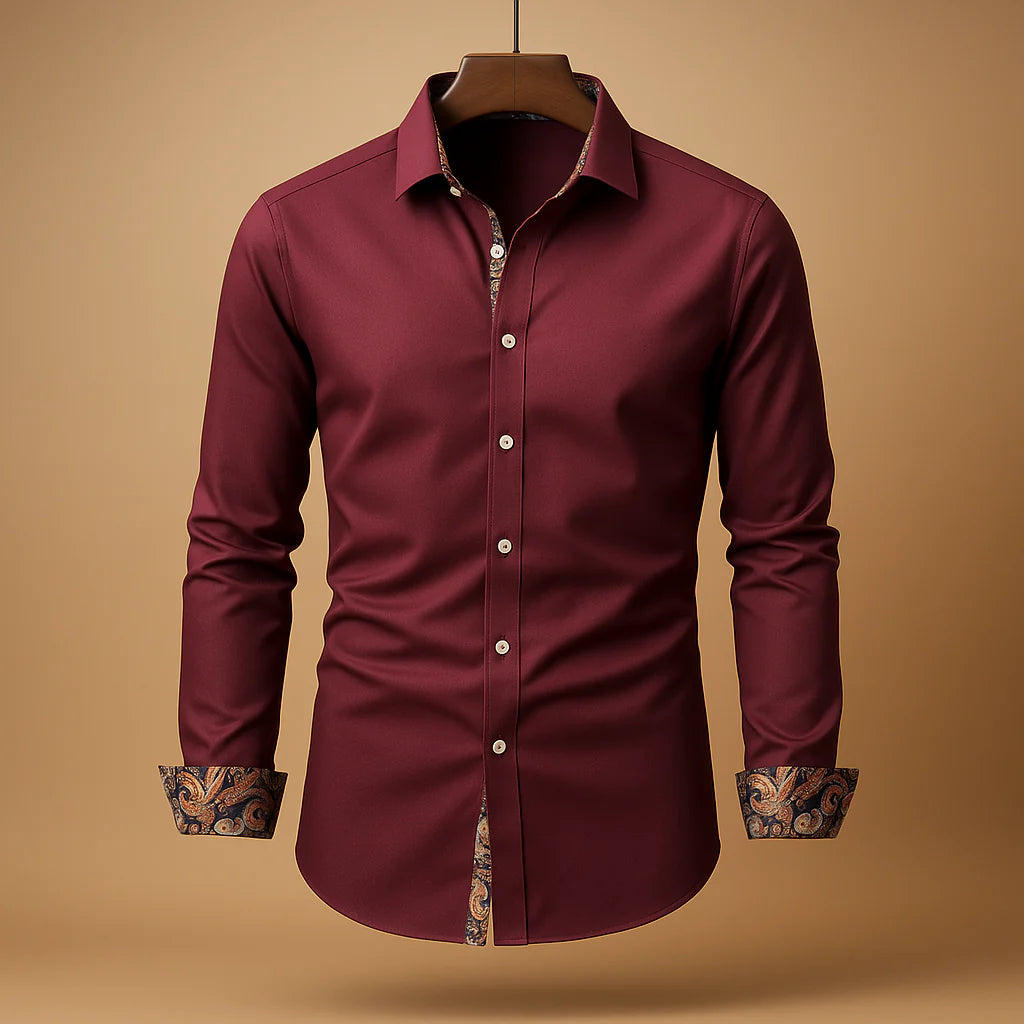Full view of men's tailored button-up shirt showing long sleeves and refined silhouette for office wear