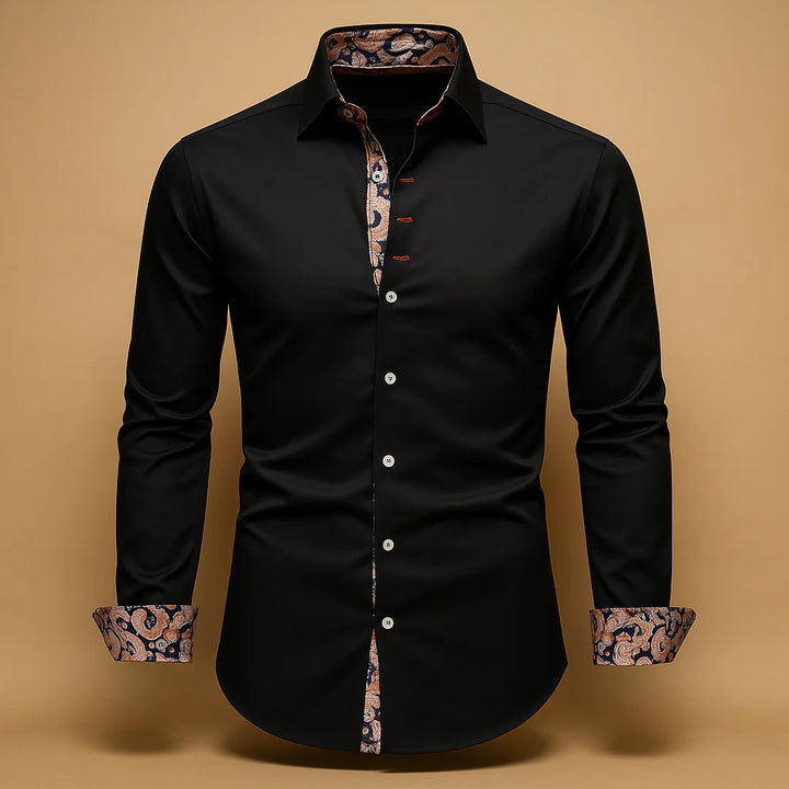 Back view of men's formal shirt displaying clean lines and structured fabric drape for smart-casual styling