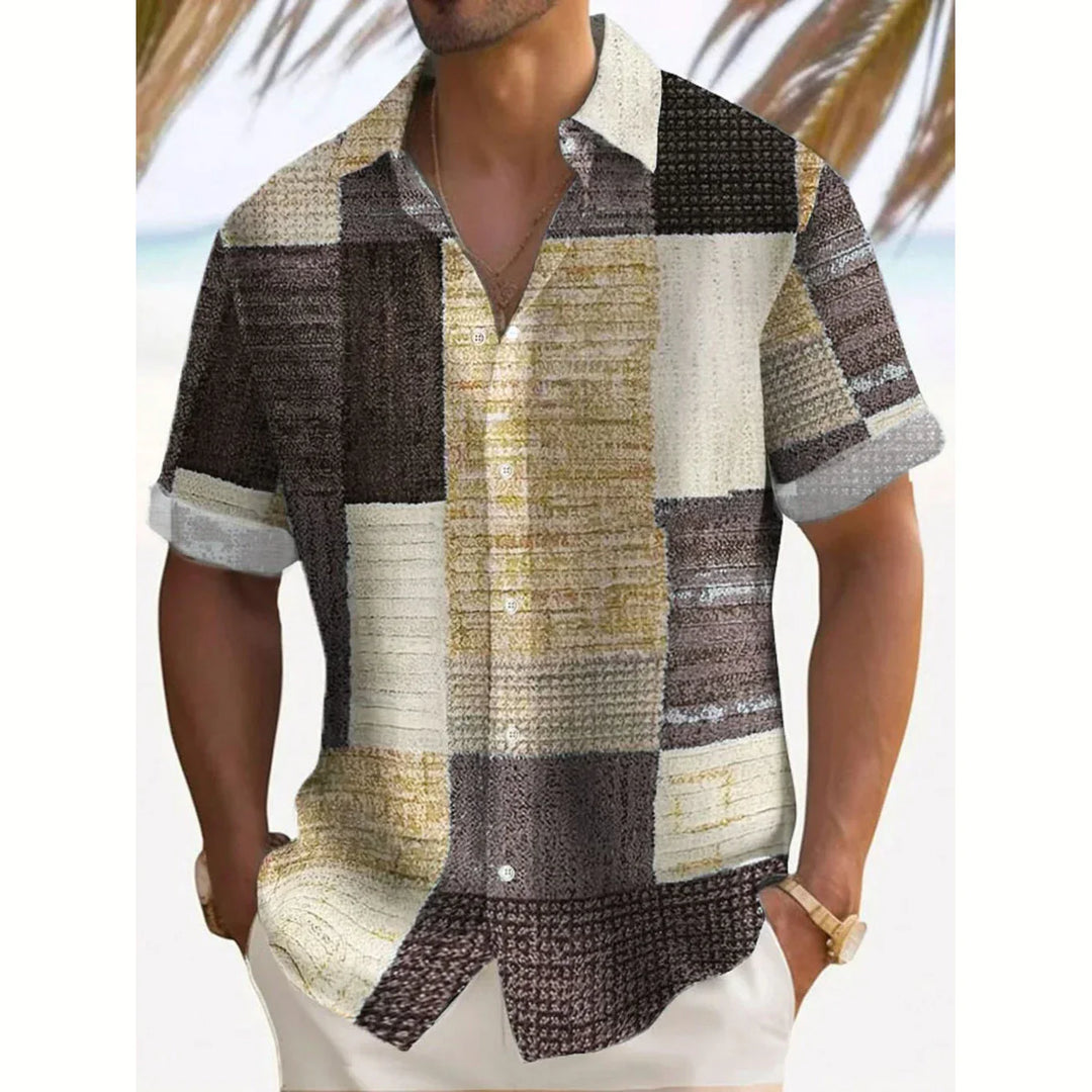 Men's Hawaiian summer shirt with patchwork print in brown, beige, and black tones, camp collar, and short sleeves