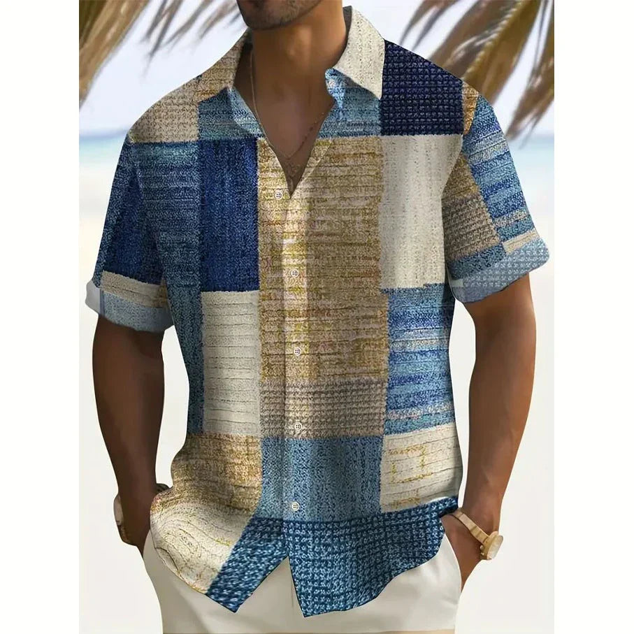 Close-up of men's Hawaiian summer shirt showing textured woven fabric and retro patchwork block design