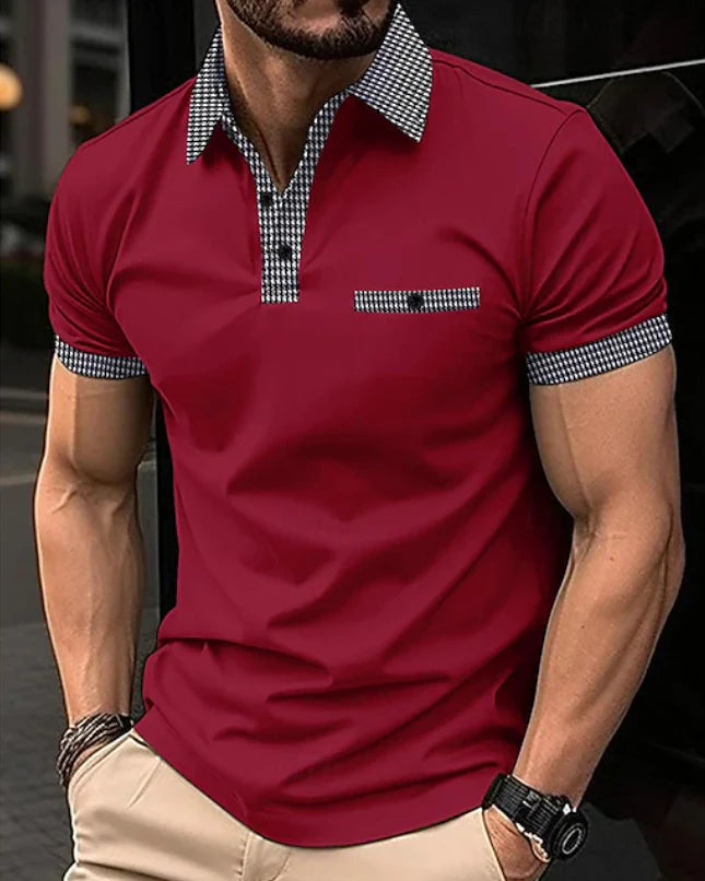 Men's burgundy polo shirt with checkered collar detail and button placket for smart-casual wear