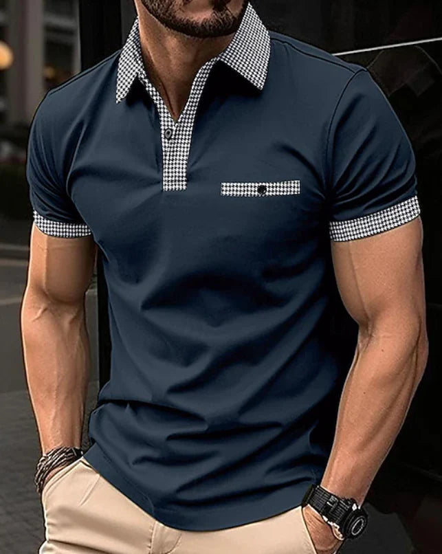 Close-up view of checkered collar and cuff trim on men's polo shirt