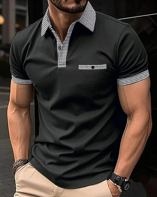 Side view showing regular fit and structured collar of men's polo shirt