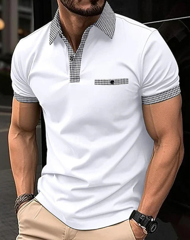 Detail of button placket and chest pocket on checkered collar polo shirt