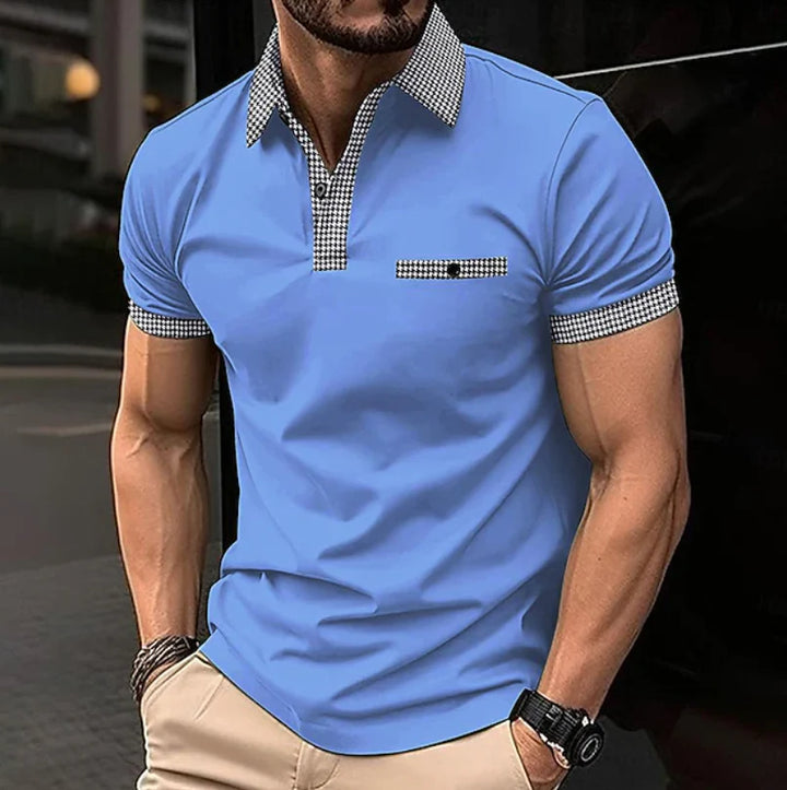 Back view of men's short sleeve polo shirt with contrast trim