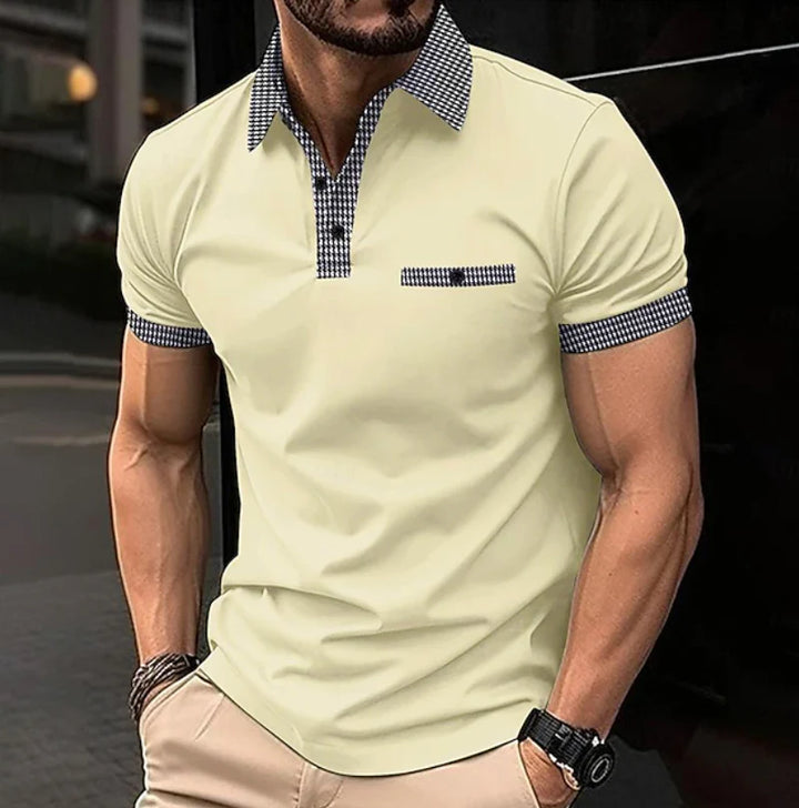 Full front view of men's checkered collar polo shirt in solid color